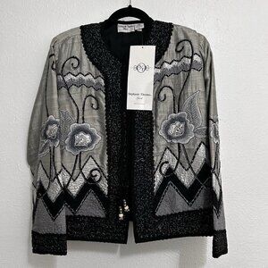 Vintage Stephanie Thomas Gray Silk Embroidered Jacket Size XL Floral Art To Wear
